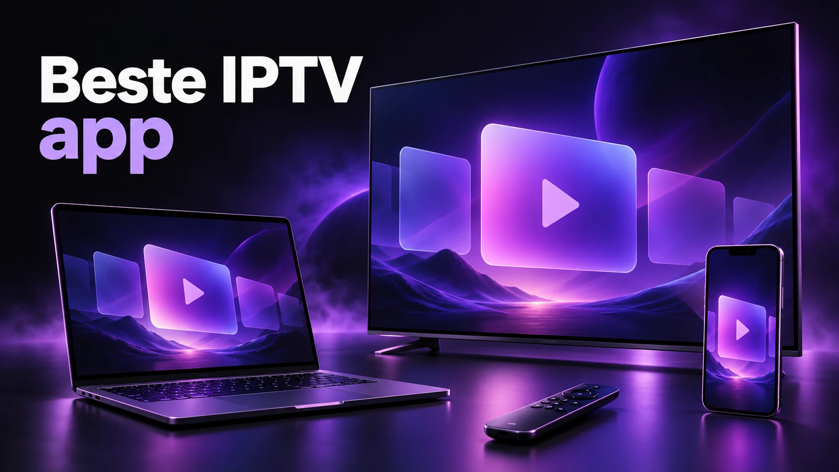 Beste IPTV app: originele illustratie van televisie, laptop, telefoon en afstandsbediening