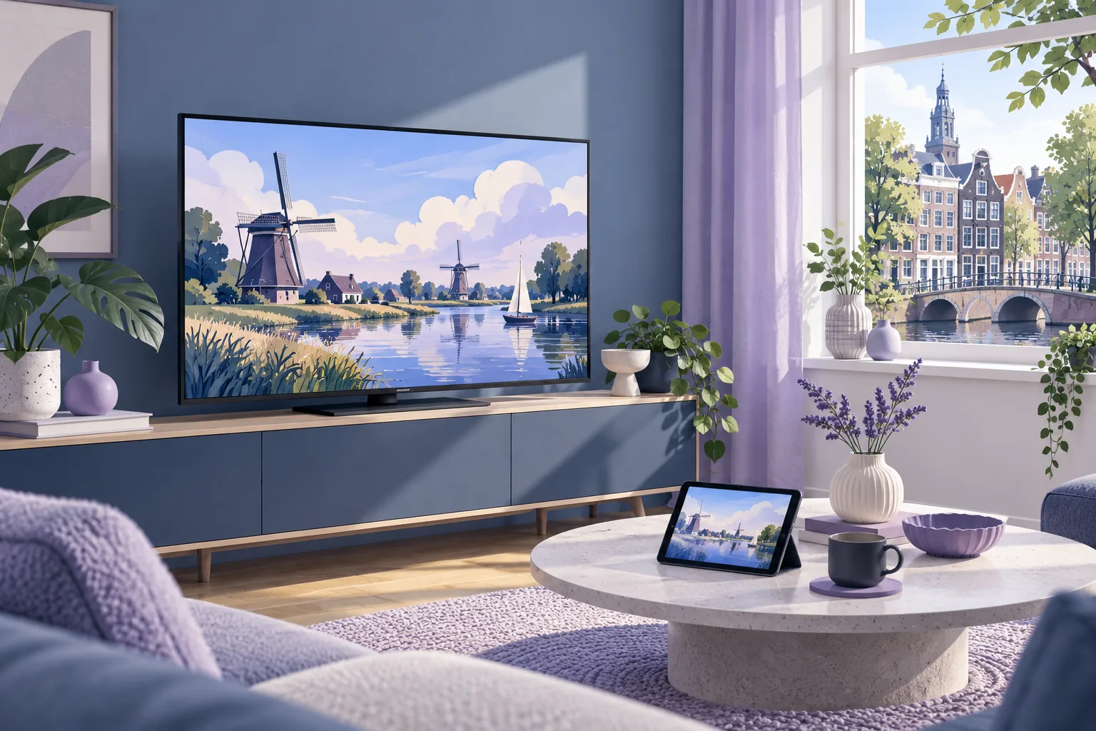Originele AI-illustratie van een televisie en tablet in een lichte woonkamer.