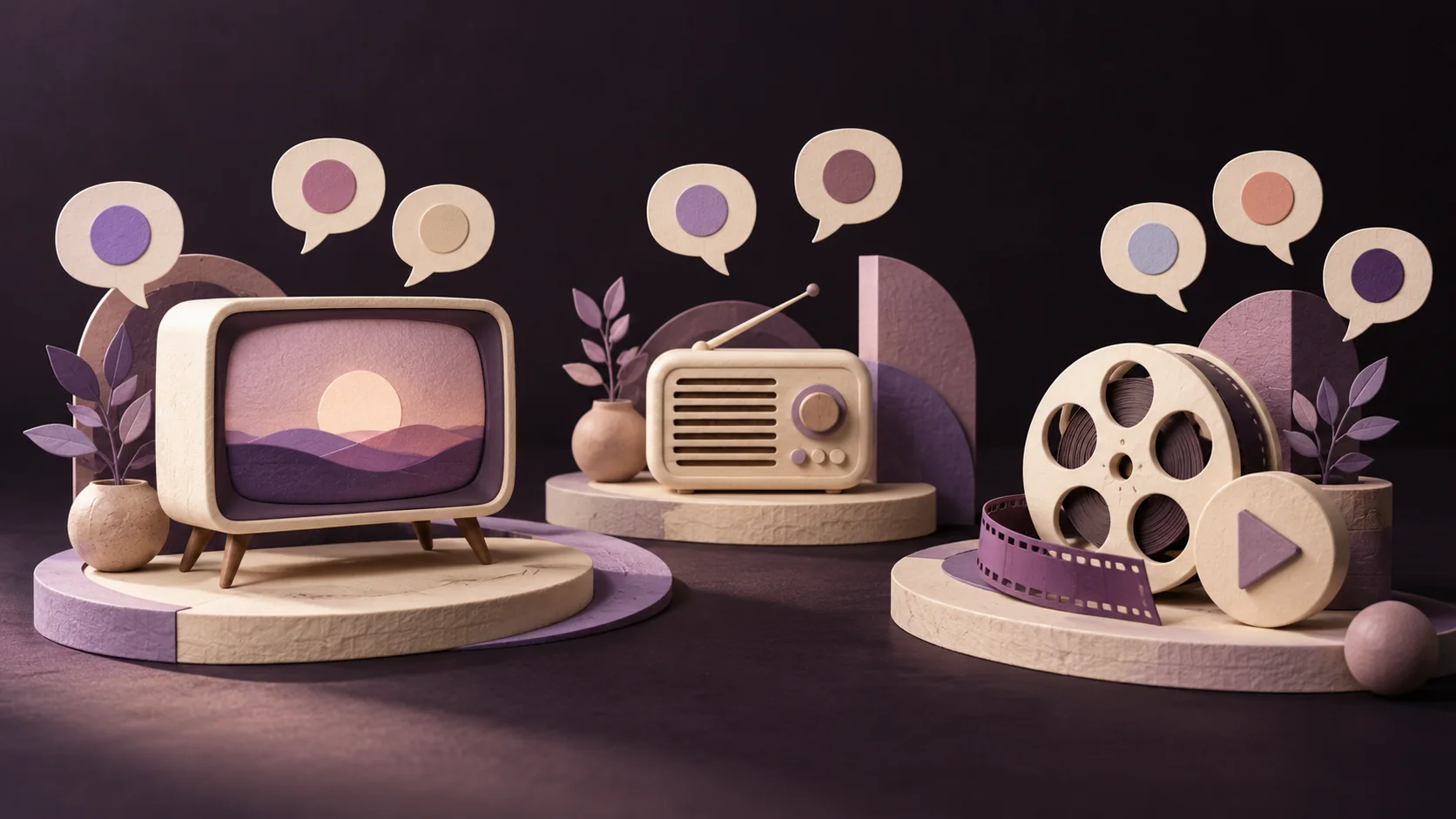 Illustratie van een televisie, radio en filmrol in aparte groepen, met tekstballonnen voor verschillende talen.
