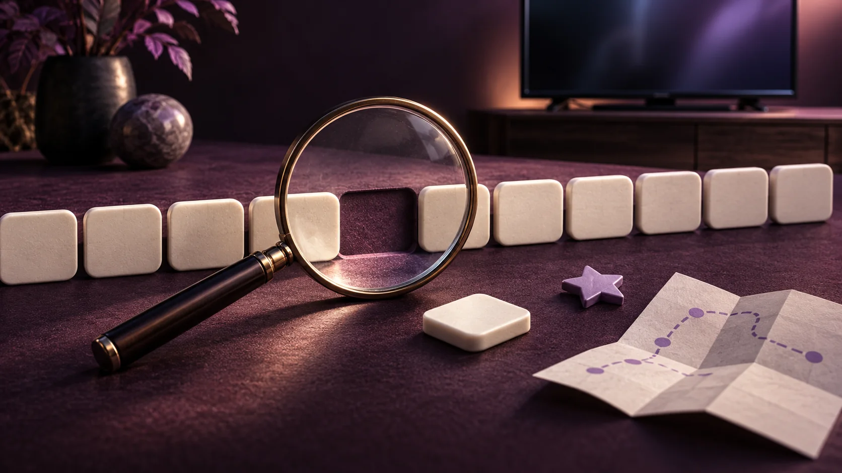 Illustratie van een vergrootglas boven een ontbrekende tegel in een geordende rij, met een favorietenster en routekaart.