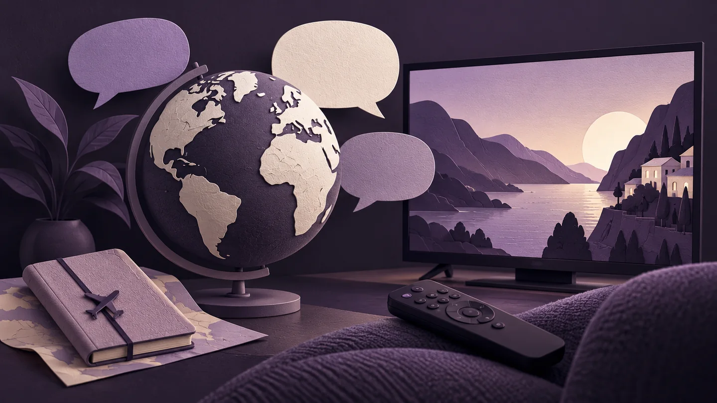 Wereldbol, tekstballonnen en televisie als illustratie van taal- en kijkvoorkeuren.