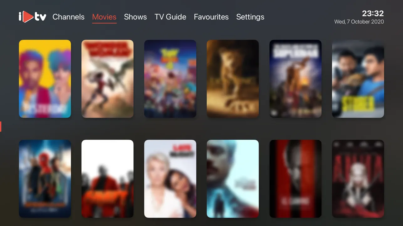 iPlayTV op Apple TV met filmoverzicht en navigatiemenu