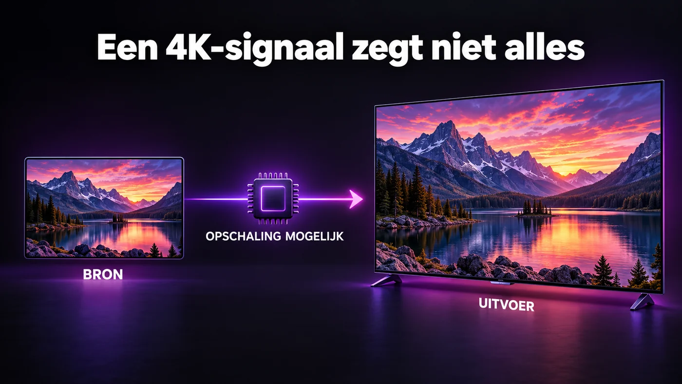 Illustratie van het verschil tussen de bronresolutie en de uitvoer naar een 4K-televisie