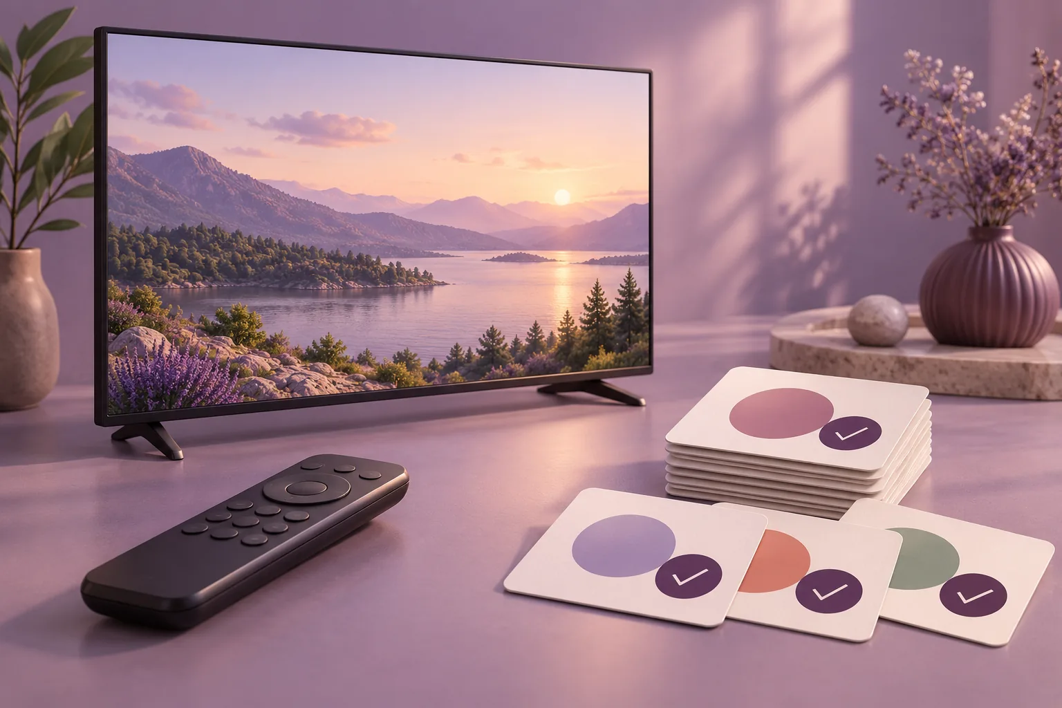 Originele AI-illustratie van een televisie en selectiekaarten voor het controleren van een IPTV zenderlijst.