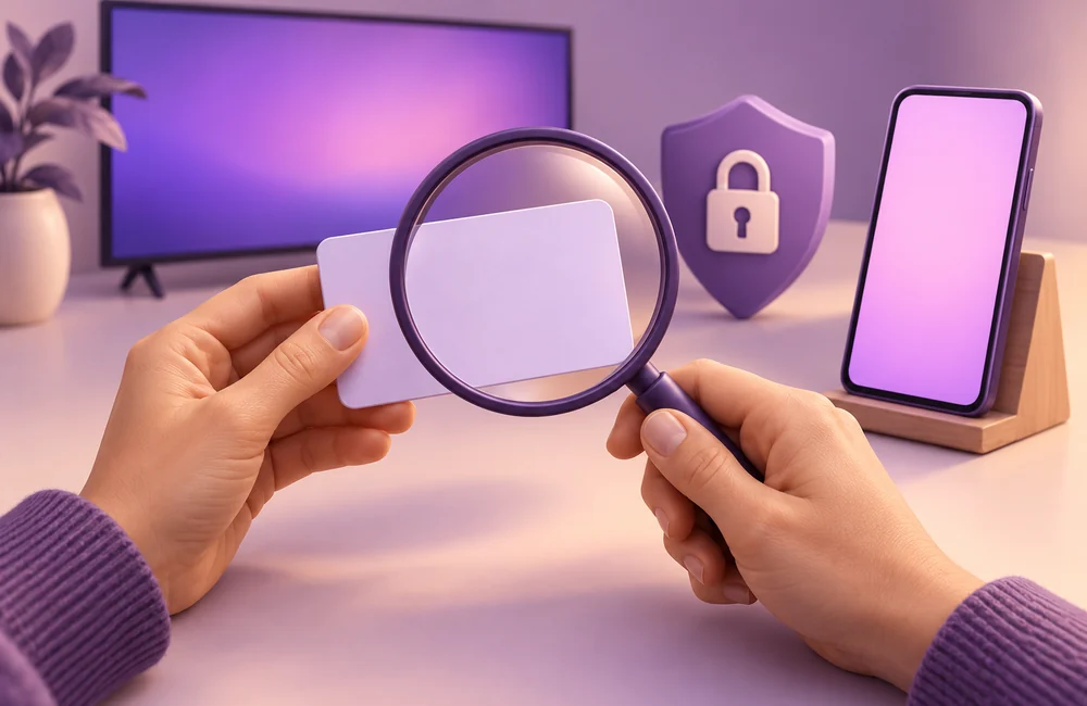 Illustratie van handen die een blanco apparaatkaart controleren, naast een smartphone en privacysymbool.