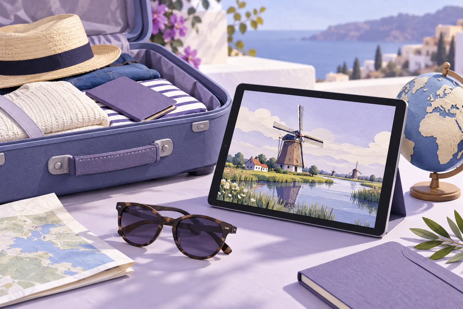 Originele AI-illustratie van een tablet met Nederlands landschap naast een reiskoffer.