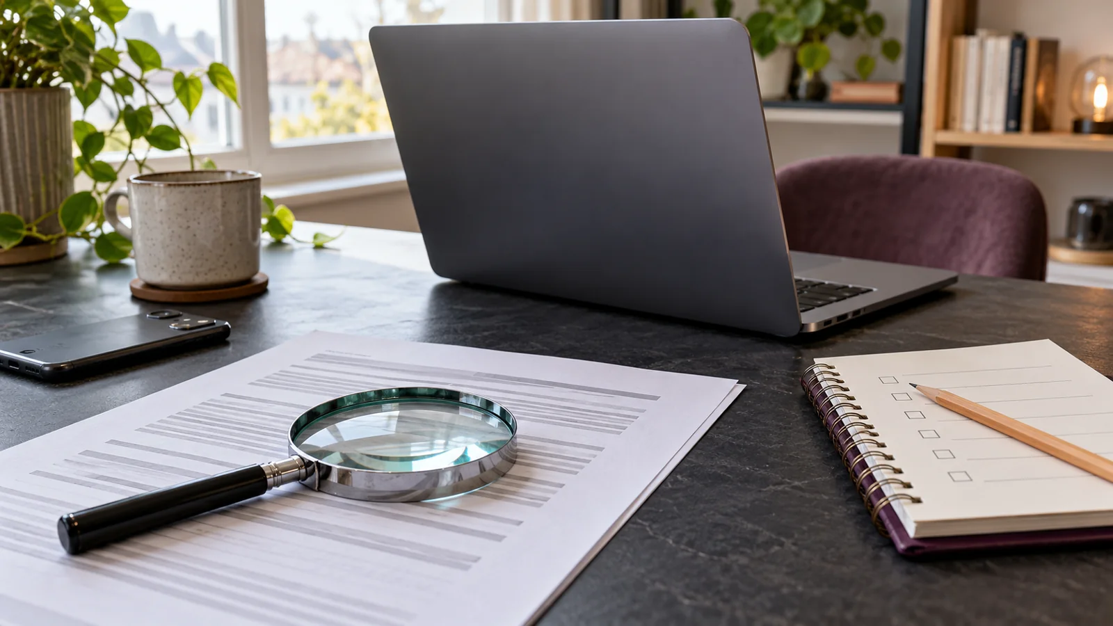 Bureau met laptop, vergrootglas, documenten en een checklist voor websitecontrole