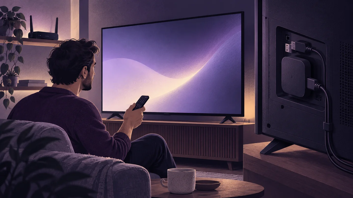 Een kijker met afstandsbediening naast een televisie, router en aansluitingen.