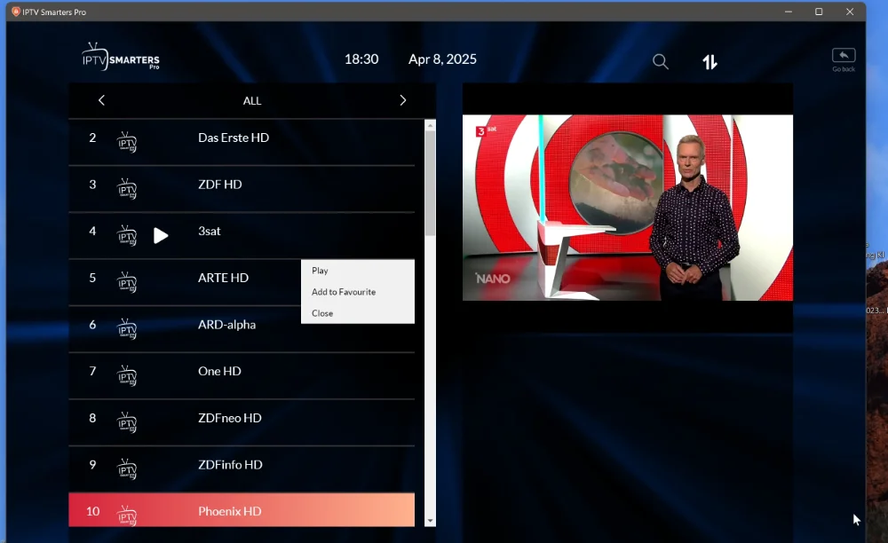 IPTV Smarters Pro op Windows: zenderoverzicht en voorbeeldweergave