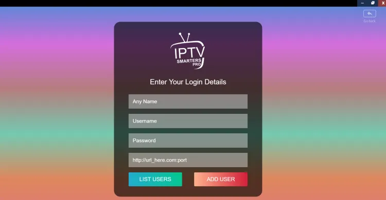 IPTV op Windows: IPTV Smarters Pro-inlogscherm voor een eigen account