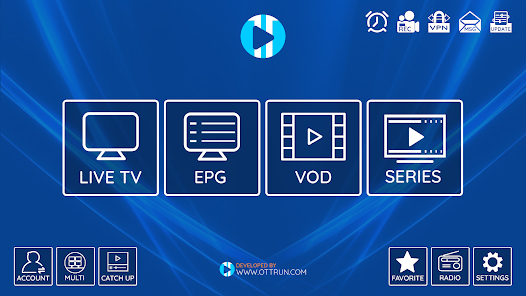 XCIPTV-hoofdmenu met Live TV, EPG, VOD en Series